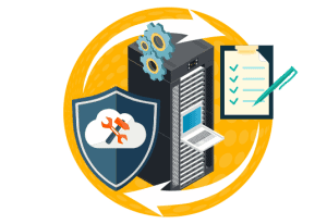 Sécurité informatique et protection des données Serveur sécurisé avec bouclier, outils et checklist pour la sécurité informatique.