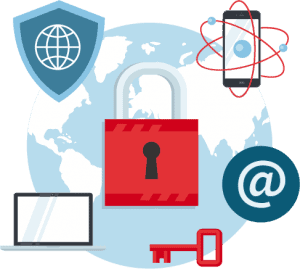 Sécurité informatique et protection des données Illustration de la sécurité informatique avec cadenas, globe, et appareils connectés.